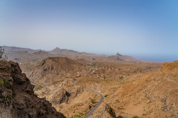 Landscape with mountain range and a village of Santiago Island, Cape Verde