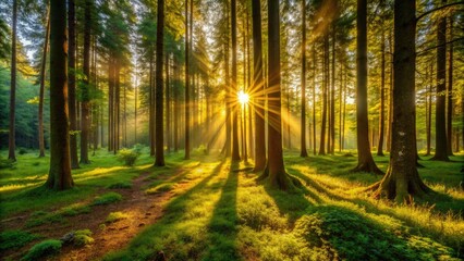 Fototapeta premium Golden sunlight filters through towering trees, casting dappled shadows on the forest floor, illuminating the lush green undergrowth in a serene and idyllic scene.