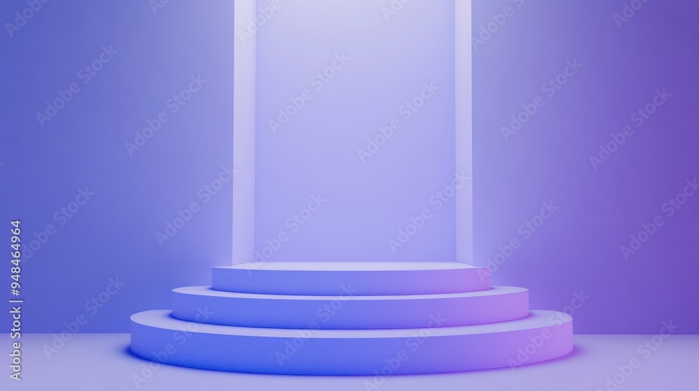 Poster Pastel blue cylindrical podium with steps against a violet background 3D rendering of an abstract geometric pedestal or platform for product showcase Minimalist scene