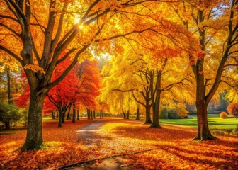 Fototapeta premium Golden Tapestry: Autumn foliage in vibrant hues, park setting, serene, painterly, warm, yellow, orange, red
