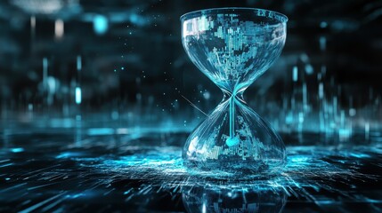 A mesmerizing hourglass filled with digital particles, symbolizing the flow of time in a vibrant, futuristic setting.