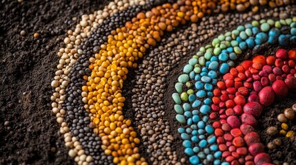 Colorful spiral plant seeds of different varieties, resting on a soil background, creating a dynamic and natural composition
