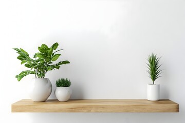 Blank Wooden Floating Shelf Mounted on White Wall   Minimalist Modern Interior Design Decor with Plant and Vase Display