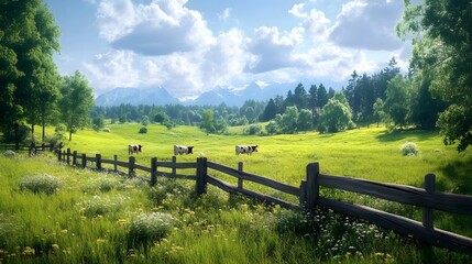 95. **A traditional countryside scene with a wooden fence and grazing cows.