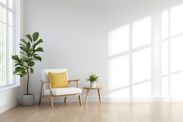Bright and Airy Minimalist Interior with White Chair Yellow Pillow and Potted Plant   Cozy and Functional Living or Workspace Design