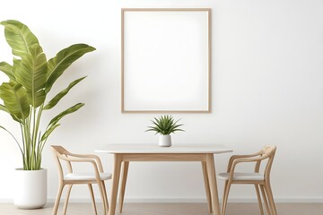 Cozy and Minimalist Dining Room Interior with Wooden Table Chairs Potted Plant and Mockup Frame for 3D Rendering