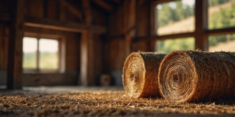 Rustic barn interior with hay bale and wooden beams.