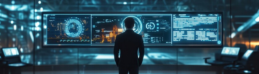 Obraz premium A professional gazes at a high-tech control panel, immersed in data and analytics in a futuristic digital workspace.