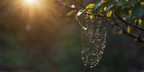 Golden hour sunlight illuminating a delicate spider web on a branch.