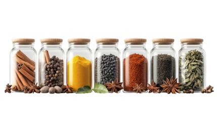 A collection of vibrant spice jars arranged neatly, showcasing the rich colors and textures of various spices for culinary inspiration.