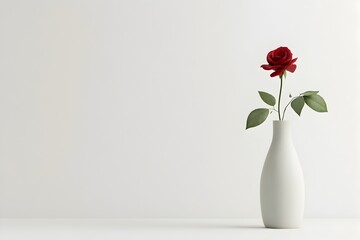 Naklejka premium Minimalist and Elegant 3D Floral Still Life Featuring a Solitary Red Rose in a White Ceramic Vase Against a Stark White Background