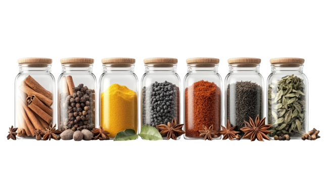 A collection of vibrant spice jars arranged neatly, showcasing the rich colors and textures of various spices for culinary inspiration.