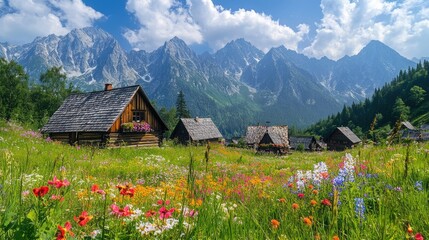 Fototapeta premium The Tatra Mountains' peaks rise above a valley of colorful flowers and wooden cottages in Gasienicowa Valley, bathed in summer sunlight.