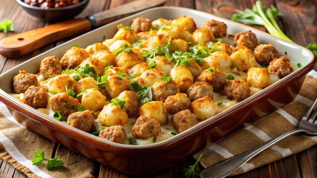 Hearty, golden-brown casserole dish filled with crispy tater tots, savory ground beef, and creamy sauce, perfect for a comforting family dinner or gathering.