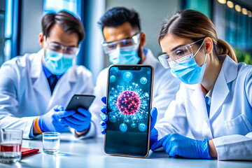 Scientists or doctors in the lab show the development, Team of scientists working on antiviral drug in laboratory. Female doctor working with mobile showing at medical science laboratory with team