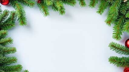 Obraz premium white background with Christmas tree branches, holiday, layout,Christmas tree toys, poster, postcard, Merry christmas card, Winter holiday theme, Happy New Year, Space for text 