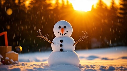 Obraz premium winter landscape, a snowman in the middle of the snow, childhood, entertainment, a fairy tale