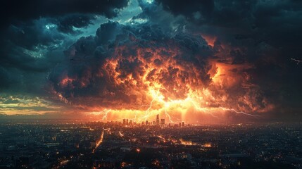 Electrifying Thunderstorm Over City Skyline - Extreme Weather with Lightning Strikes Creating Dramatic Atmosphere