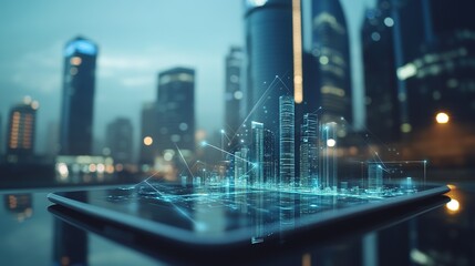 A digital representation of business insurance coverage on a tablet, with a corporate building in the background.