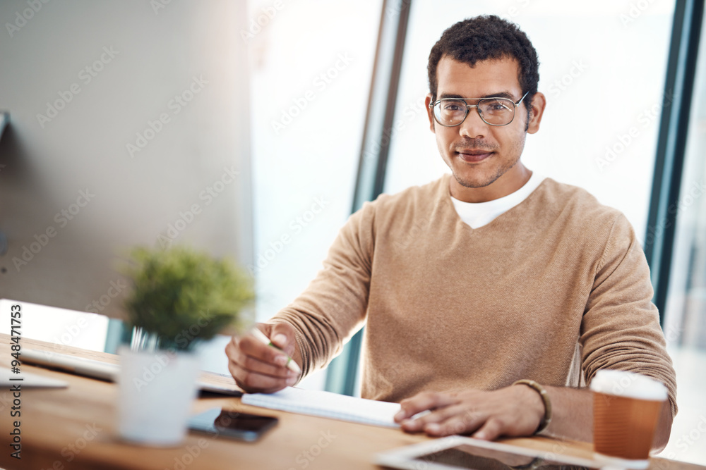 Poster businessman, computer and portrait for writing notes, planning and drawing sketch with glasses. grap