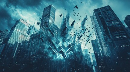 A stunning urban explosion scene, showcasing a dramatic clash of technology and nature in a vibrant cityscape.