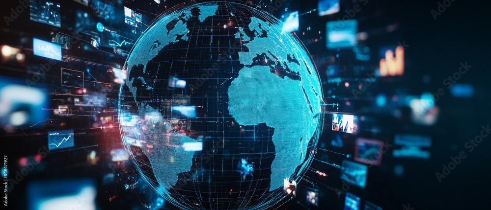 Poster Digital Globe with Network Connections and Media Content