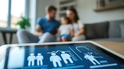 Fototapeta premium A digital representation of insurance coverage details on a tablet, with a family in the background.