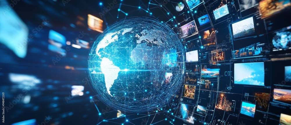 Poster Digital Globe with Network Connections and Media Content
