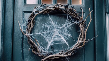 A rustic door wreath featuring spiderwebs, perfect for autumn or Halloween decor, adding a spooky touch to any entrance.