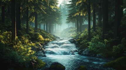 Obraz premium A serene forest scene featuring a flowing river, sunlight filtering through tall trees, and lush greenery all around.