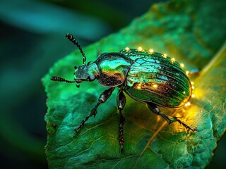 Naklejka premium A close-up of a metallic green beetle with glowing lights on its shell, perched on a green leaf.