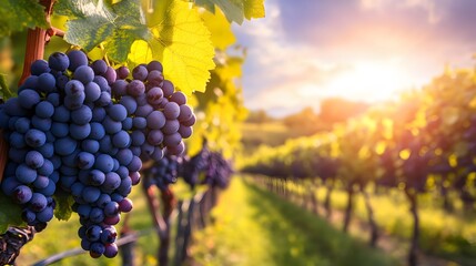 85. **A view of a vineyard with ripe grapes ready for harvest under a sunny sky.