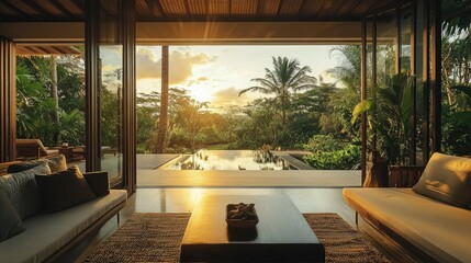 Fototapeta premium View of a tropical villa's open living room overlooking a tranquil garden and swimming pool at sunset. The golden hour adds warmth to the scene.