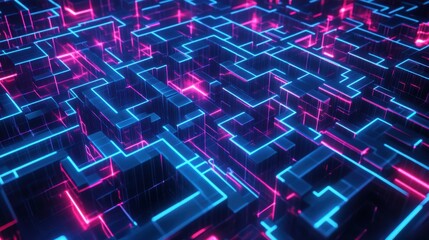 A vibrant, futuristic maze with glowing blue and pink lines, perfect for technology and abstract themes in design.