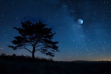 A lone tree is silhouetted against the night sky