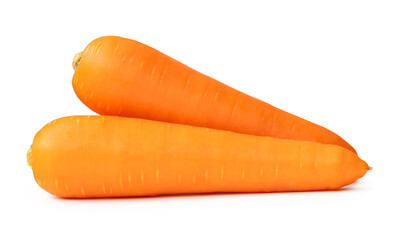 Side view of two roots of fresh orange carrot in stack isolated on white background with clipping path