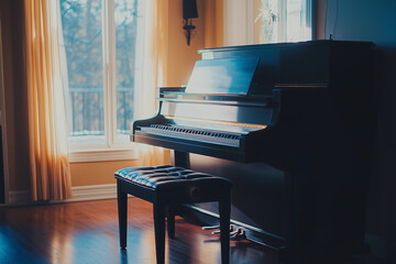 A black piano sits in a room with a window