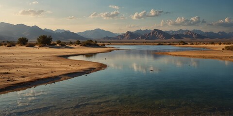 a mesmerizing lake nestled within the vast expanse of a desert's golden sands.