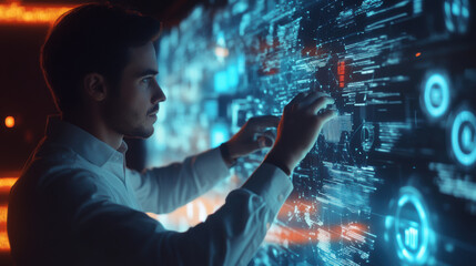 Corporate professional using a high-tech digital interface on a touch screen, virtual