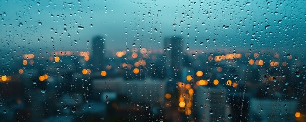 Obraz premium Beautiful cityscape view through a rain-soaked window, showcasing blurred lights and a moody atmosphere.