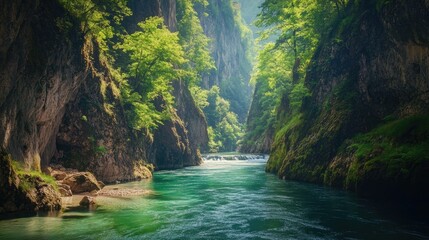 Fototapeta premium Vintgar Gorge's Beauty: Scenic shot of the Radovna River flowing through the lush Vintgar Gorge, surrounded by towering cliffs and vibrant vegetation.