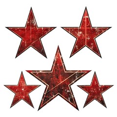 Fototapeta premium A set of five red vintage stars with a distressed texture, featuring cracks and stains. The retro design offers a grunge aesthetic, ideal for badges, logos, or patriotic themes. 