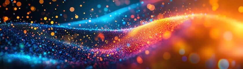 Vibrant abstract background with flowing blue and orange light trails and sparkling bokeh, creating a dynamic and colorful visual effect.