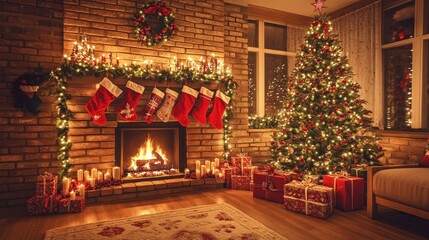 Warmth fills the living room where a festive fireplace surrounded by stockings complements a glowing Christmas tree and wrapped gifts