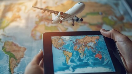 A digital representation of travel insurance coverage on a tablet, with a world map in the background.