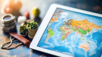 A digital representation of travel insurance coverage on a tablet, with a world map in the background.