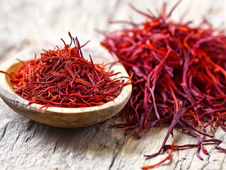 Naklejka premium saffron threads displayed on a traditional wooden surface, ayurveda, herbal, 
