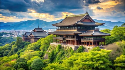 Naklejka premium Iconic Kiyomizu-jo castle's majestic architecture and lush green surroundings evoke serenity in the heart of Kyoto's cultural heritage, Japan's historic palace of stunning beauty.