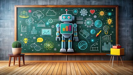 Illuminated chalkboard with colorful icons and graphs surrounds a robot teacher, symbolizing innovative and engaging educational software for modern learning environments.