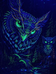 photo with an image of an owl in the forest